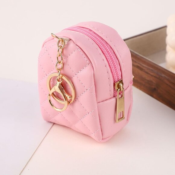 Women's Pink Mini Zipper Leather Cosmetic Cute Key Chains Keyrings Bag - Picture 2 of 7